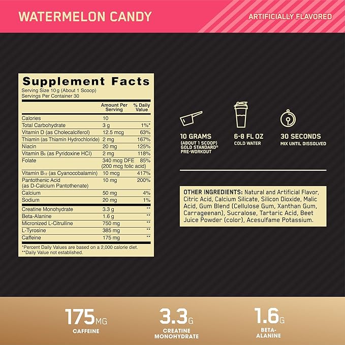 Optimum Nutrition Gold Standard Pre-Workout, Vitamin D for Immune Support, Watermelon Candy, 30 Servings