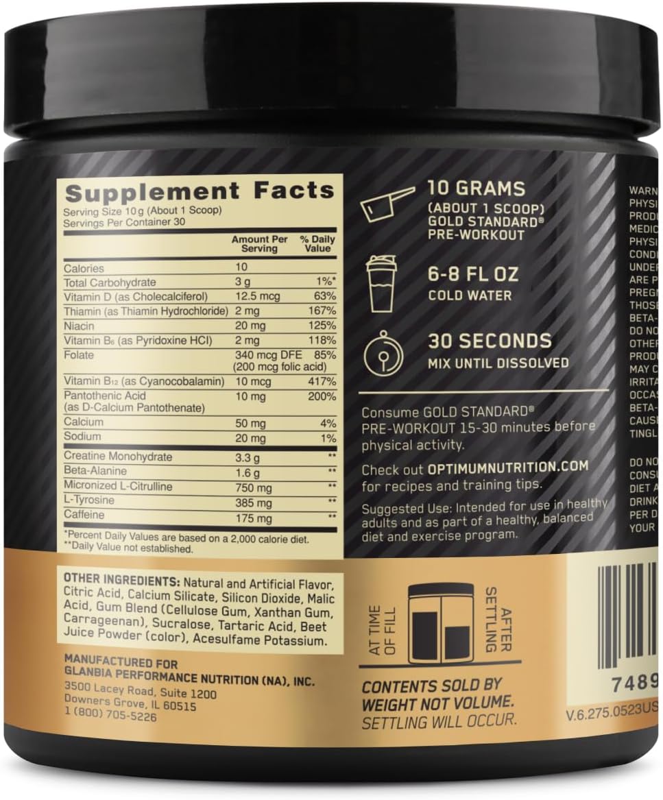 Optimum Nutrition Gold Standard Pre-Workout, Vitamin D for Immune Support, Watermelon Candy, 30 Servings
