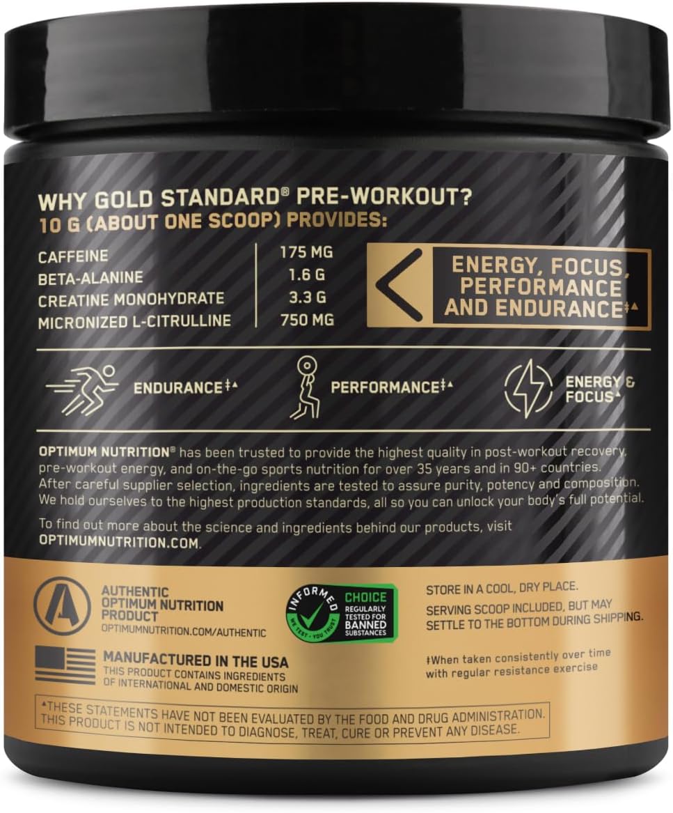 Optimum Nutrition Gold Standard Pre-Workout, Vitamin D for Immune Support, Watermelon Candy, 30 Servings