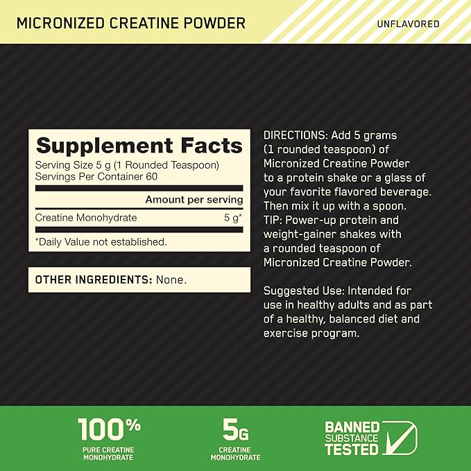 Optimum Nutrition Micronized Creatine Monohydrate Powder, Unflavored, 60 Servings